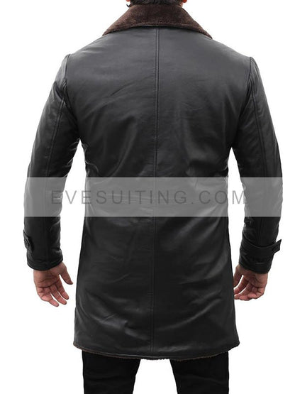 Mens William Black Real Leather Shearling Mid-Length Coat For Winters