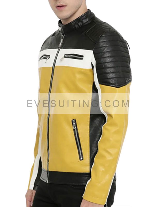 Motorcycle Color Leather Yellow, White & Black Jacket 