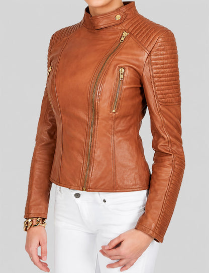 Tan Brown Motorcycle Leather Jacket For Womens