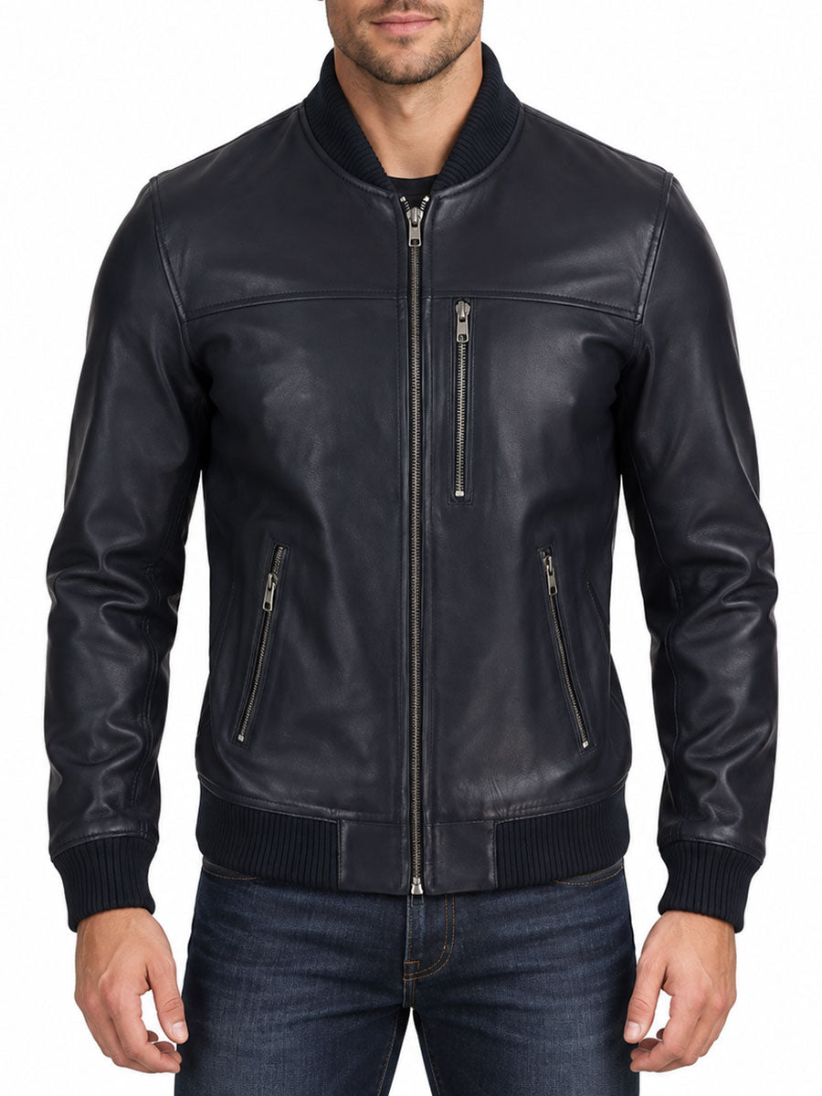 Murray Black Leather Bomber Jacket with Ribbed Collar