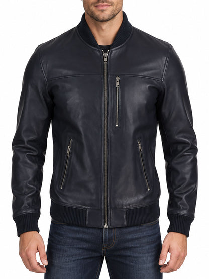Murray Black Leather Bomber Jacket with Ribbed Collar