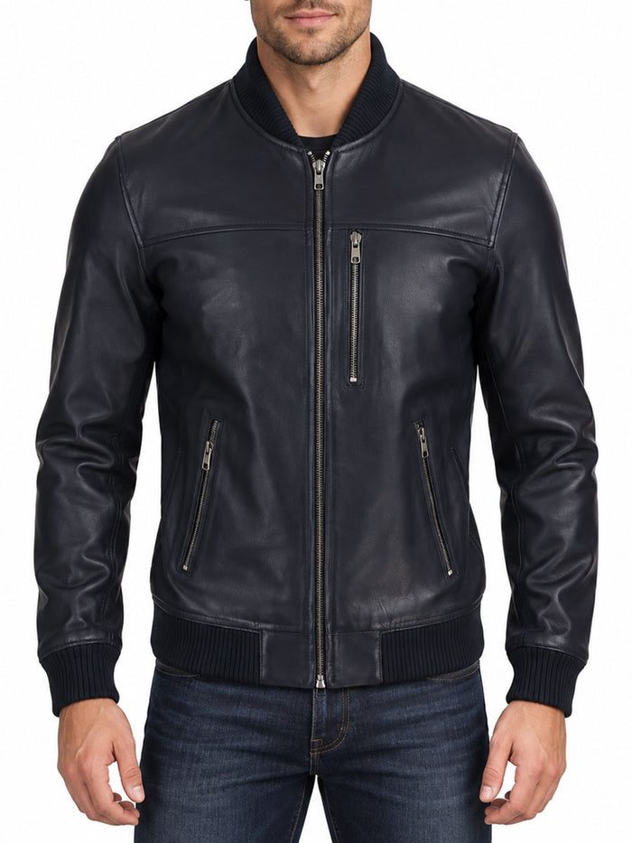 Murray Black Leather Bomber Jacket with Ribbed Collar