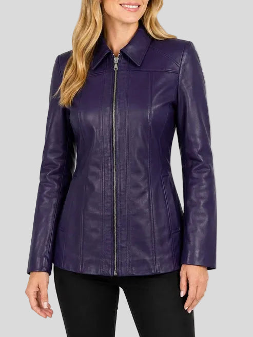 Purple lambskin leather car coat for women front view