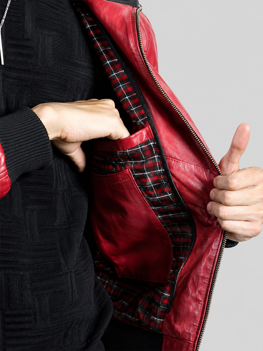 Men’s Waxed Red Hooded Bomber Leather Jacket
