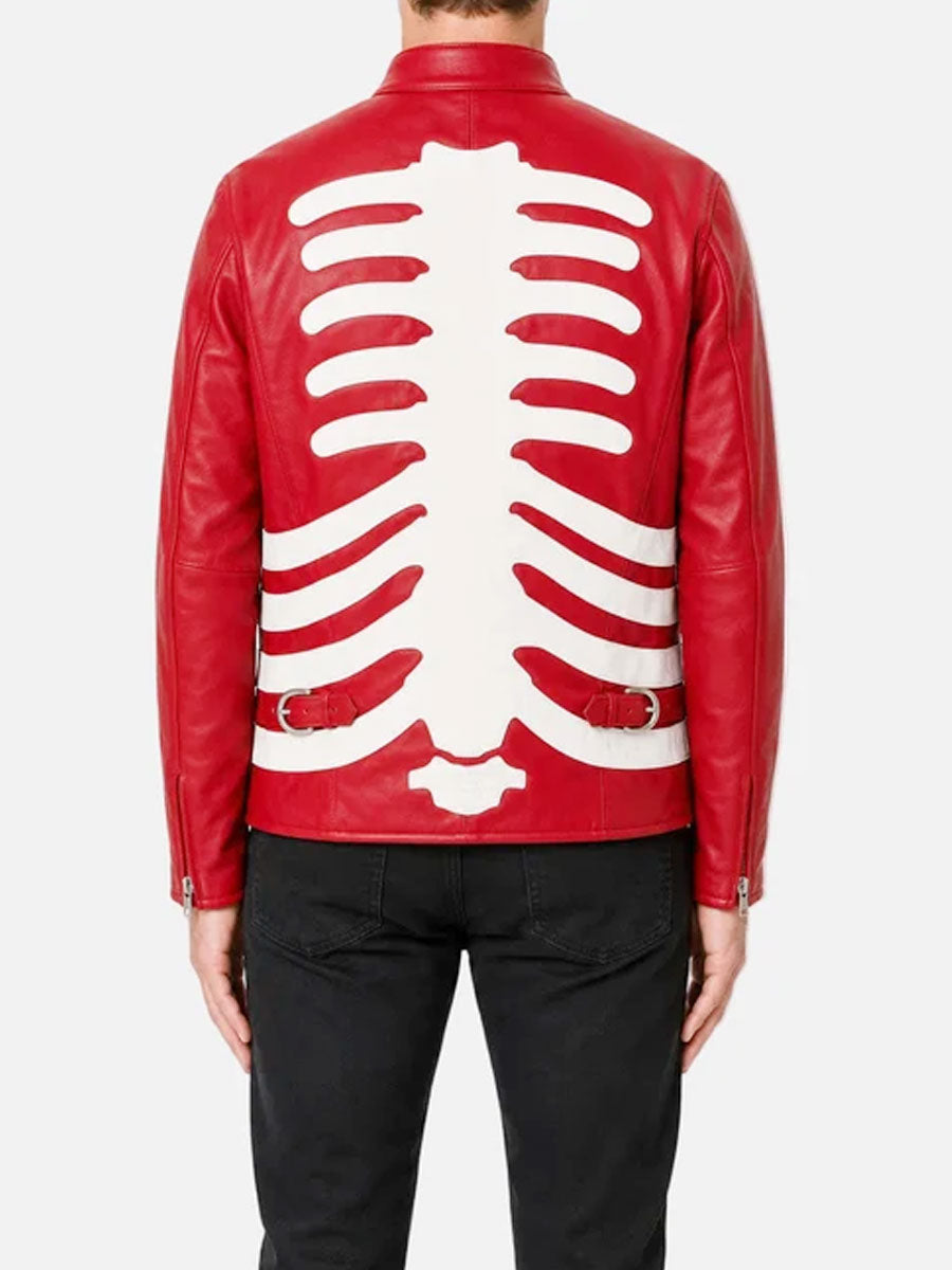 Genuine sheep leather red jacket featuring striking white skeleton skull pattern and functional pockets