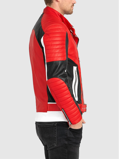 Red Padded Red Biker Leather Jacket For Men