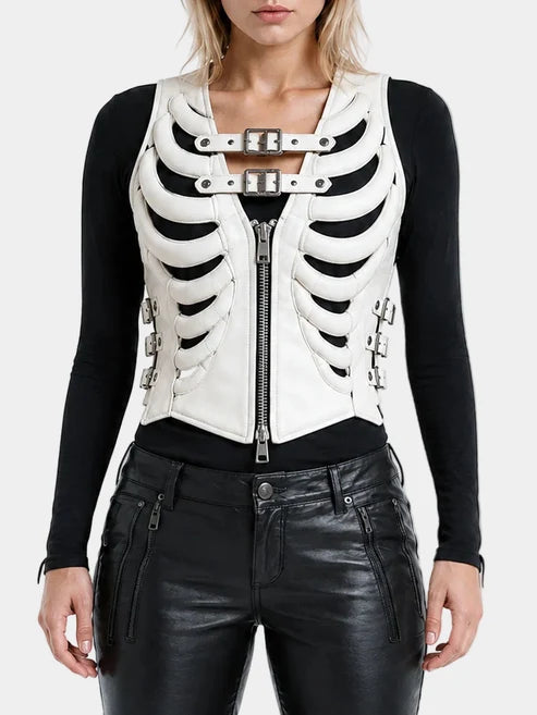 Women's Rib Cage White Leather Corset Vest