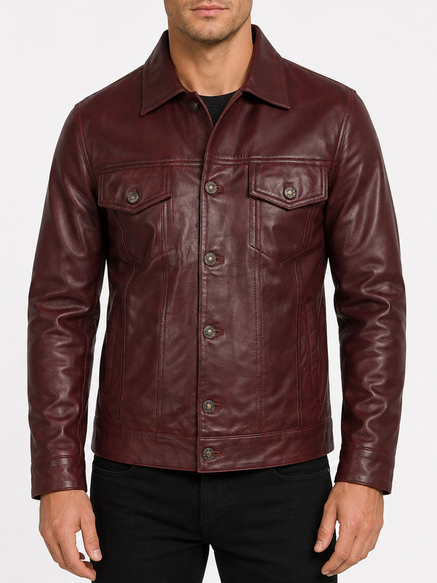 Samuel  Lambskin Leather Burgundy Trucker Jacket