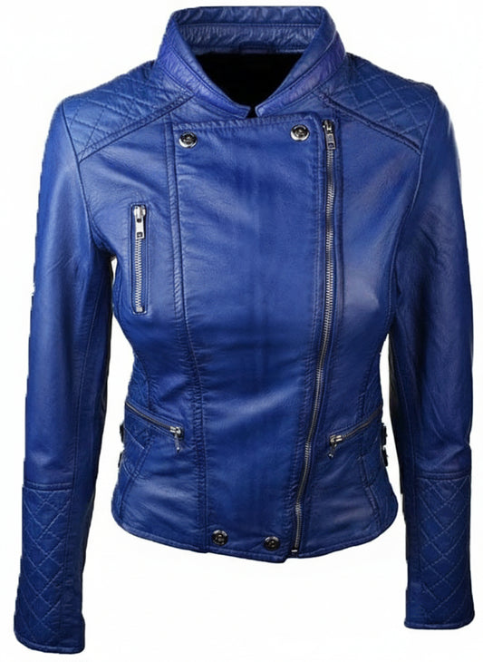 Slim Fit Quilted Leather Biker Blue Jacket