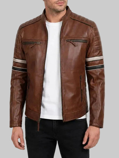 Men’s brown striped leather biker jacket with cafe racer design