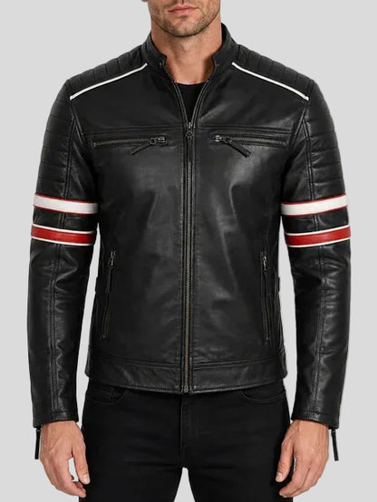 Spencer Black Striped Cafe Racer Motorcycle Leather Jacket