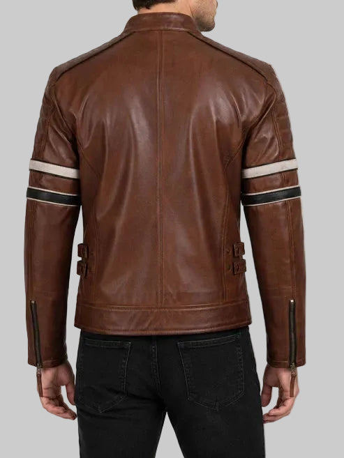 Men’s brown leather motorcycle jacket with striped detailing
