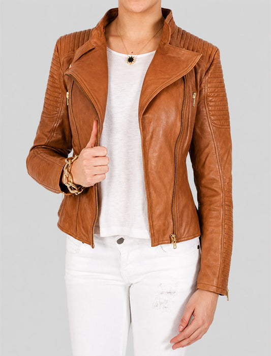 Tan Brown Motorcycle Leather Jacket For Womens