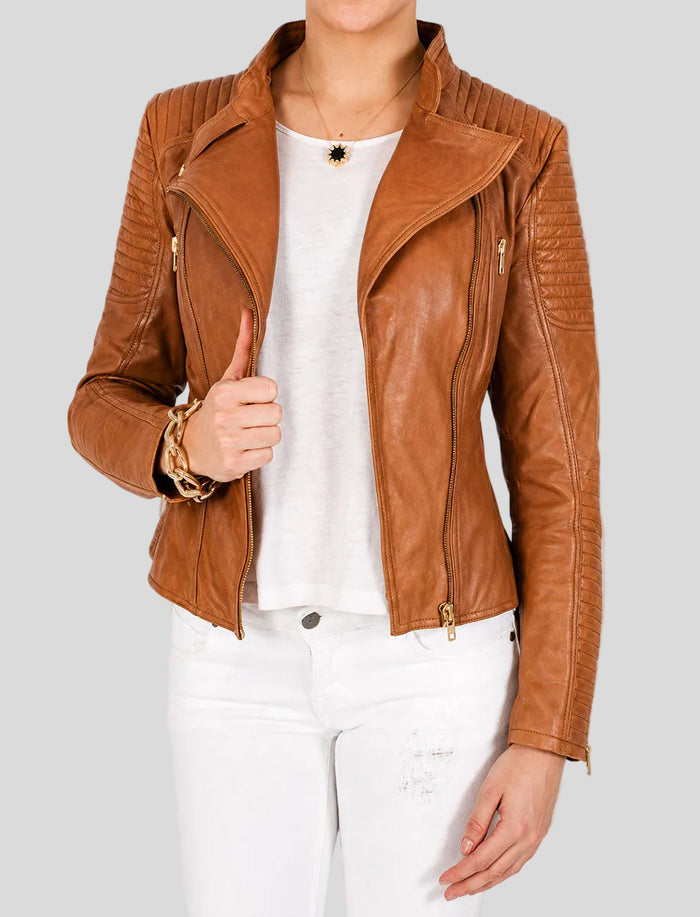 Tan Brown Motorcycle Leather Jacket For Womens