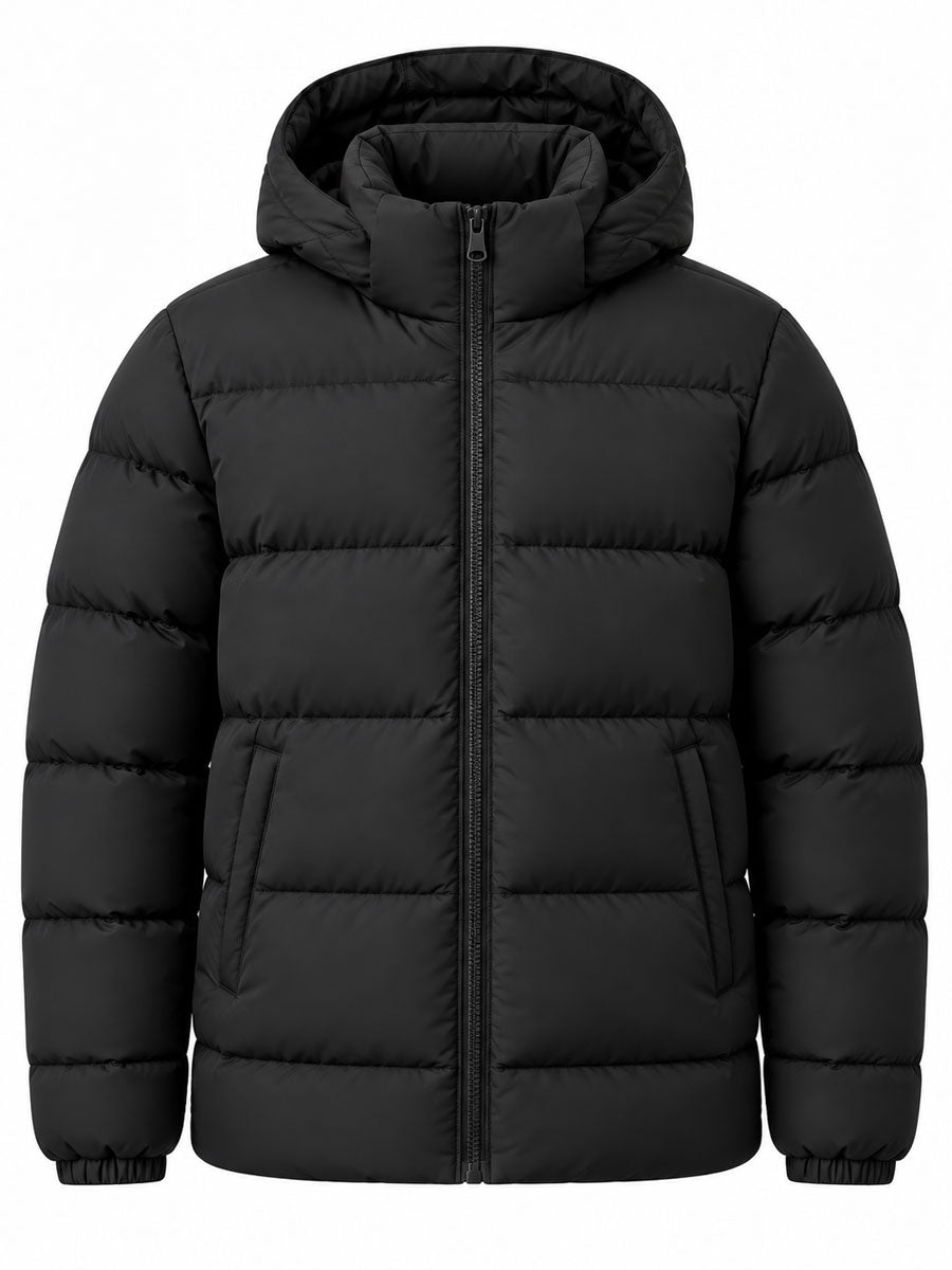 Unisex black puffer jacket with hood, front view