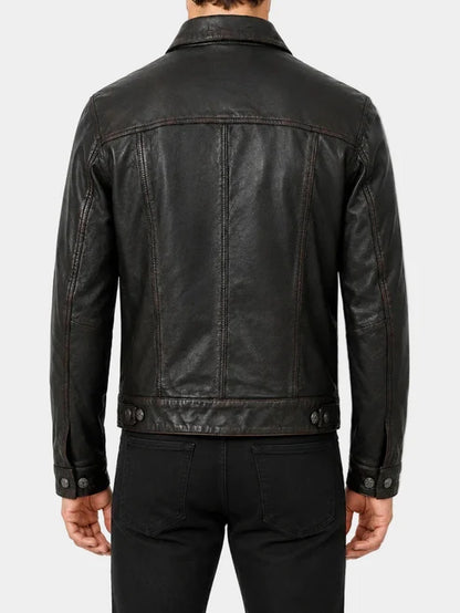Vintage Black Distressed Leather Jacket For Men