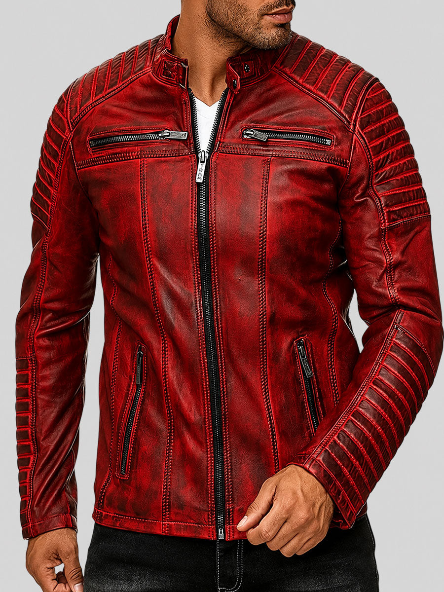 Vintage Motorcycle Cafe Racer Red Leather Jacket