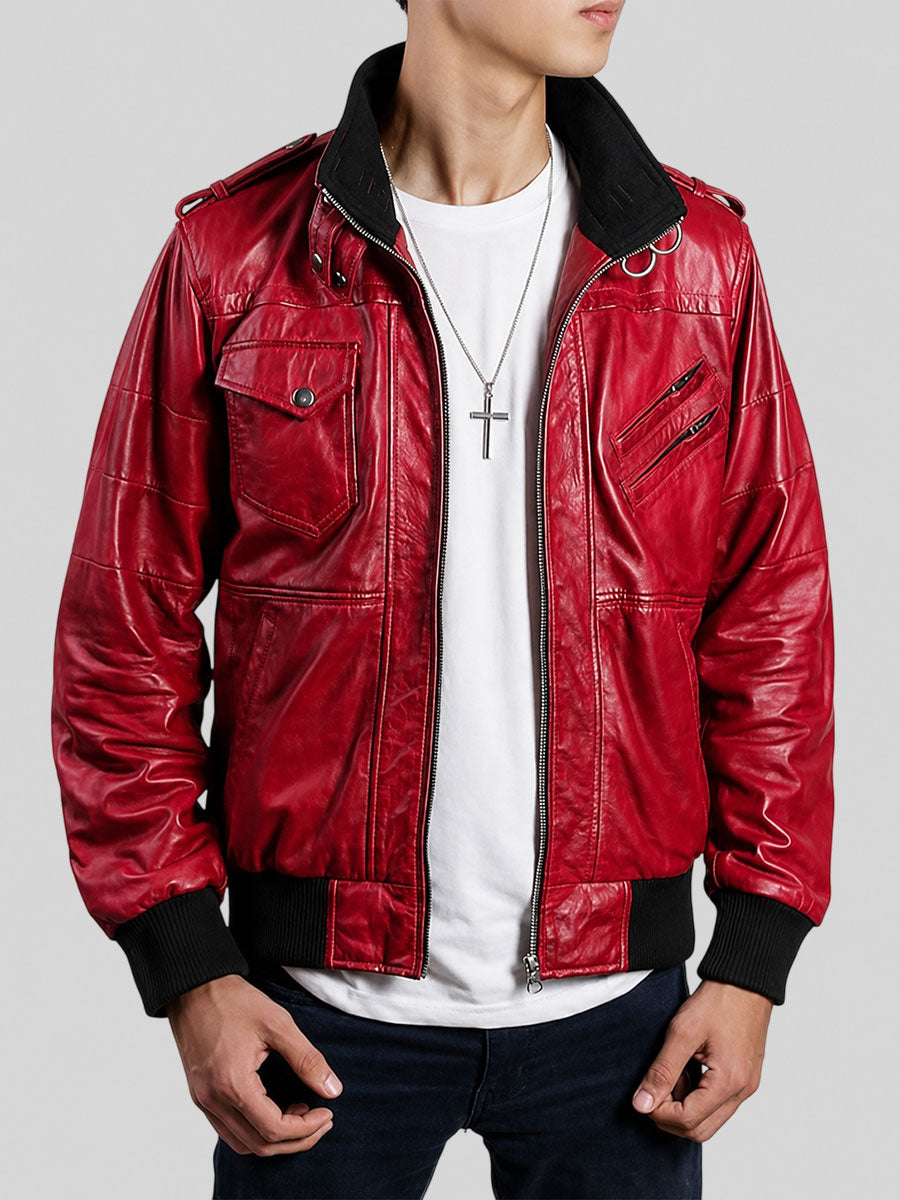 Men’s Waxed Red Hooded Bomber Leather Jacket