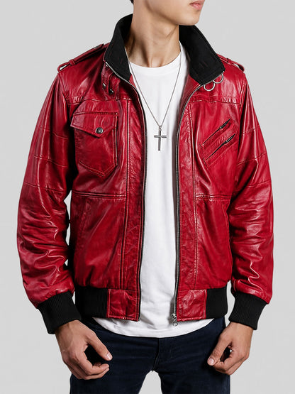 Men’s Waxed Red Hooded Bomber Leather Jacket