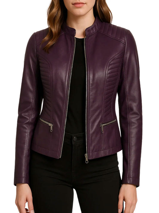 Women's purple lambskin leather biker jacket front view with stand-up collar and zipper closure