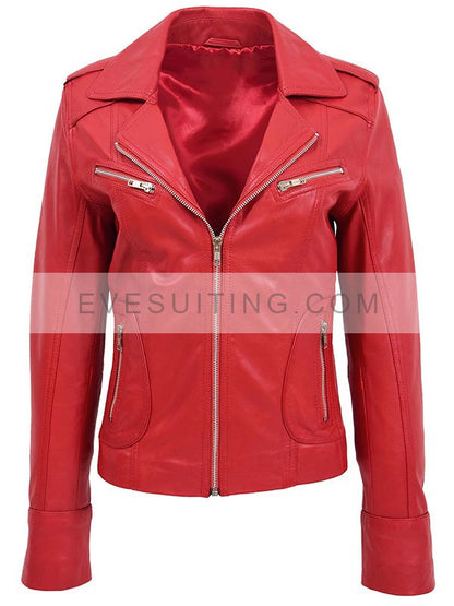 Womens Fitted Biker Style Red Leather Jacket