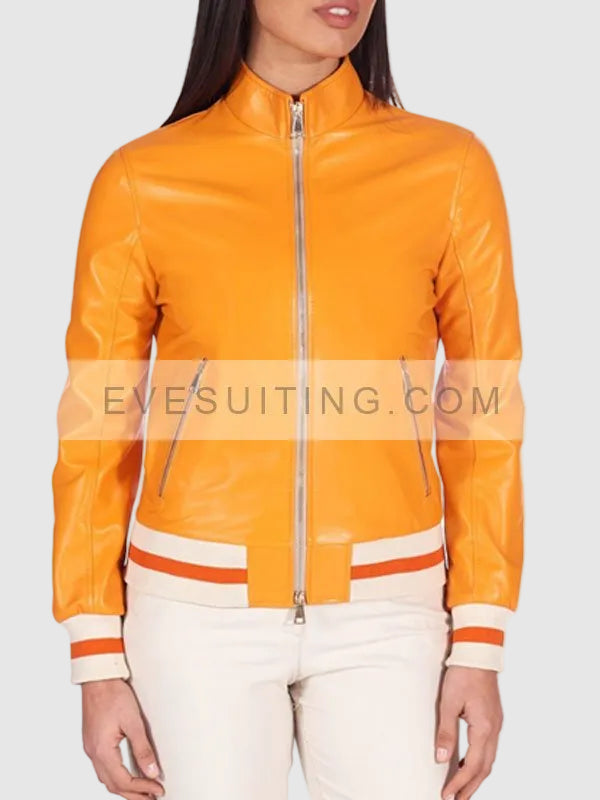 Womens Orange Bomber Leather Jacket