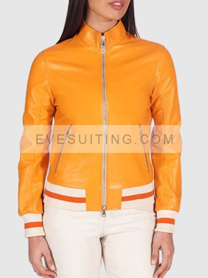 Womens Orange Bomber Leather Jacket