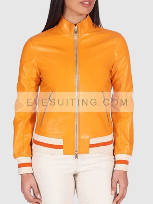 Womens Orange Bomber Leather Jacket