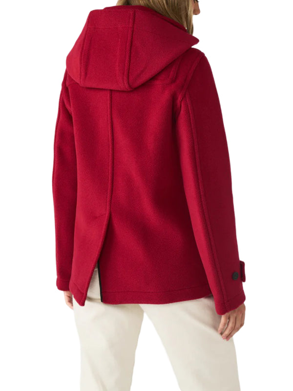 Women's Red Wool Short Toggle Duffle Coat With Hood