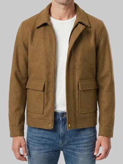 Yorksen Brown Wool Blend Jacket with front zipper and shirt-style collar
