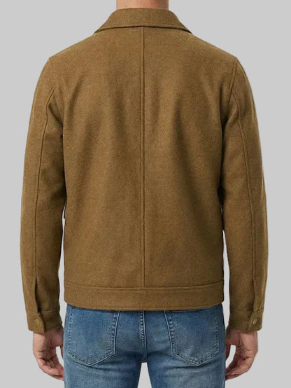 Brown zip-up wool blend jacket with soft lining and practical pockets