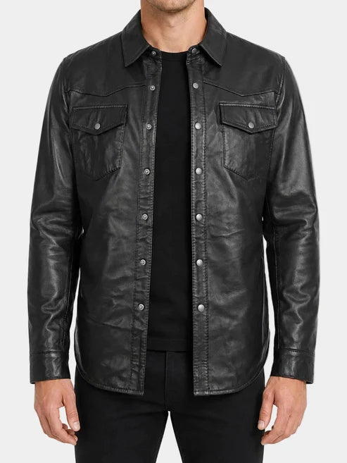 Men's Black Leather Trucker Shirt