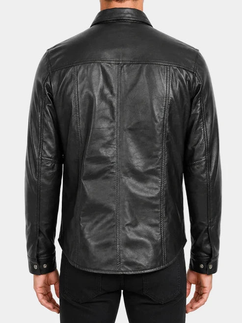 Black Leather Shirt Jacket For Men