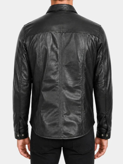 Black Leather Shirt Jacket For Men
